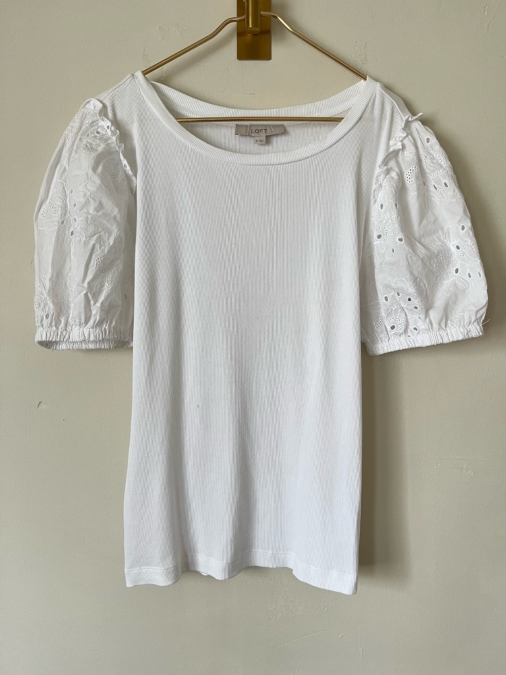 LOFT White Eyelet Puff Sleeve boho spring neutral Top size XL